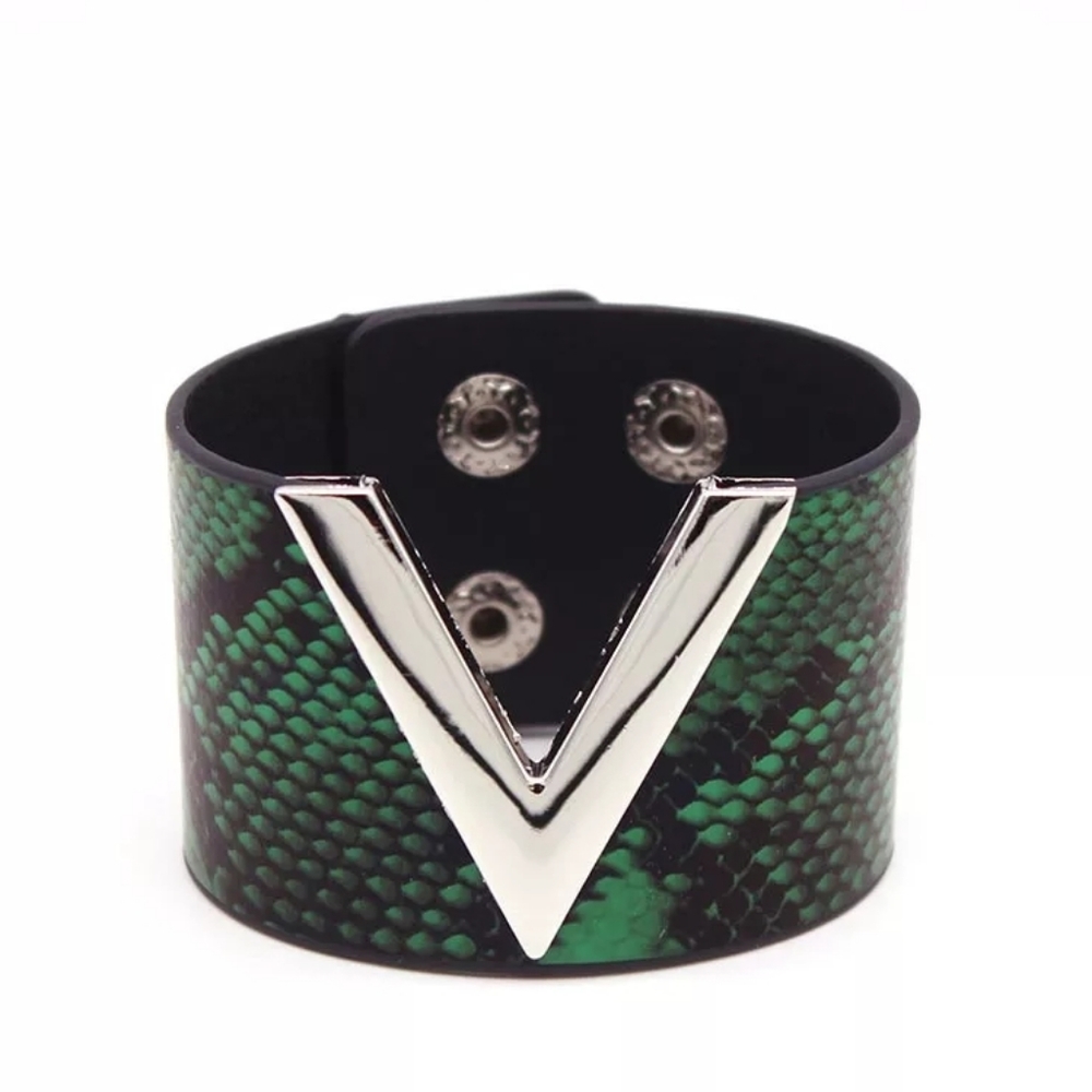 Vegan Leather Wide Cuff Bracelet V Snake Print